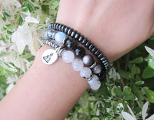 Rutilated Quartz, Silver Sheen Obsidian, Blue Apatite, Aquamarine, Aura Quartz in 27 Bead Mala Bracelet