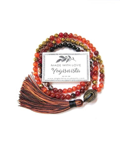 108 Beads in Bright Red Orange Cats Eye, Red Orange Carnelian Tassel Necklace