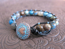 Blue Brown Mix Gemstones Bracelet on Dark Cord Leather