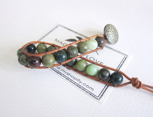 Opal Bloodstone Jasper Mix Leather Single Wrap Bracelet