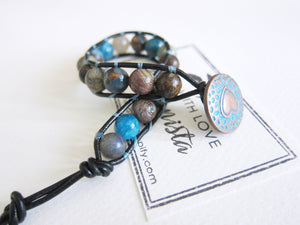 Blue Brown Mix Gemstones Bracelet on Dark Cord Leather