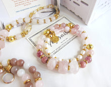 Rose Quartz, Strawberry Quartz, Thulite - Love, Fertility Mala Bracelet in 18K Gold Vermeil Lotus Charm