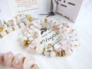 SALE - Rose Quartz, Selenite, Mystic Pink Quartz, Clear Quartz 3X Wrap Bracelet (convertible to necklace)