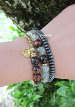 27 Bead Mala Bracelet in Prehnite, Garnet, Red Tiger w/ 24K Gold Vermeil Heart Shape Charm