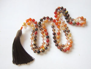 108 Beads in Orange Carnelian, Smoky Quartz, Aura Quartz, Peach Moonstone Mala Necklace