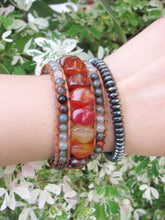 Southwest Red Tangerine Brown Onyx, Bloodstone Leather 3X Row Cuff Wrap Bracelet