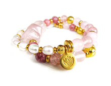 Rose Quartz, Strawberry Quartz, Thulite - Love, Fertility Mala Bracelet in 18K Gold Vermeil Lotus Charm