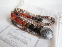 Southwest Red Tangerine Brown Onyx, Bloodstone Leather 3X Row Cuff Wrap Bracelet