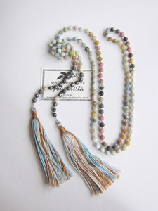 Long Lariat Amazonite, Pyrite, Jasper Mix Tassel Necklace - 60 inches long