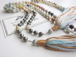 Long Lariat Amazonite, Pyrite, Jasper Mix Tassel Necklace - 60 inches long