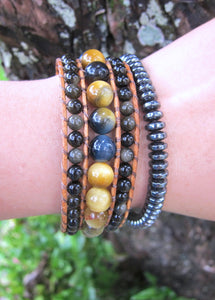 Southwestern Honey Mustard Tiger Eye, Silver Sheen Obsidian Beaded Bracelet