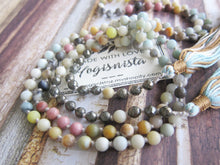 Long Lariat Amazonite, Pyrite, Jasper Mix Tassel Necklace - 60 inches long