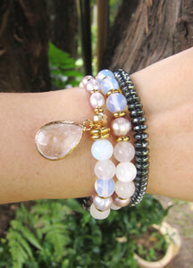 Selenite, Rose Quartz, Pink Freshwater Pearl Energy Wrist Bracelet