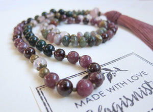 Bohemian Plum Lepidolite, Garnet, Bloodstone Tassel Beaded Necklace