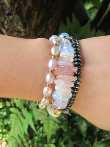 Selenite, Rose Quartz, Pink Freshwater Pearl Energy Wrist Bracelet