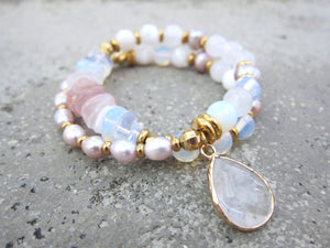 Selenite, Rose Quartz, Pink Freshwater Pearl Energy Wrist Bracelet