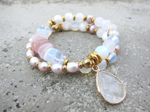 Selenite, Rose Quartz, Pink Freshwater Pearl Energy Wrist Bracelet