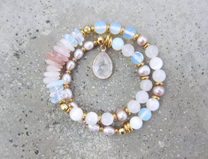 Healing Bracelet in Rose Quartz, Selenite, Freshwater Pearl Mala bracelet for Love, Fertility and Growth 
