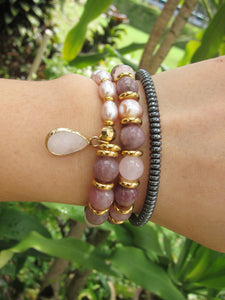 Lepidolite, Pink Freshwater Pearl Energy Wrist Mala Bracelet - 27 Bead Mala Bracelet