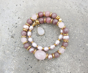 Lepidolite, Pink Freshwater Pearl Energy Wrist Mala Bracelet - 27 Bead Mala Bracelet