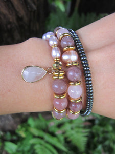 Lepidolite, Pink Freshwater Pearl Energy Wrist Mala Bracelet - 27 Bead Mala Bracelet