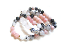 Pink Opal, Black White Tourmaline, Snowflake Obsidian Mala Bracelet - October Birthstone