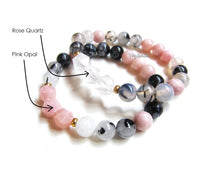 Pink Opal, Black White Tourmaline, Snowflake Obsidian Mala Bracelet - October Birthstone