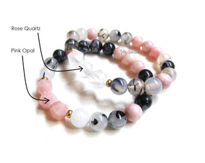 Pink Opal, Black White Tourmaline, Snowflake Obsidian Mala Bracelet - October Birthstone