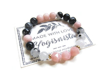 Pink Opal, Black White Tourmaline, Snowflake Obsidian Mala Bracelet - October Birthstone