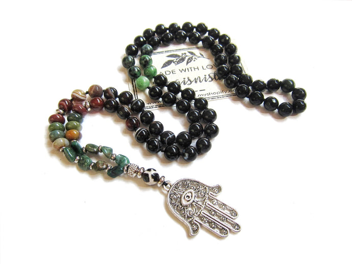 SALE - Abundance, Grounding & Protection Mala in Hamsa Pendant Necklace for Him or Her