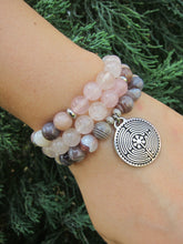 SALE - 54 Bead Mala Necklace in Rose Quartz and Botswana Agate with Labyrinth Charm