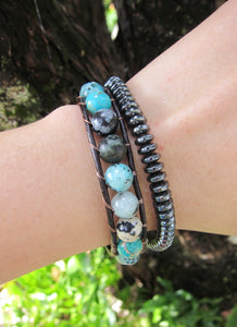 Aqua Teal Blue Jasper Mix Leather Single Wrap Bracelet