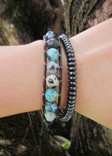 Aqua Teal Blue Jasper Mix Leather Single Wrap Bracelet