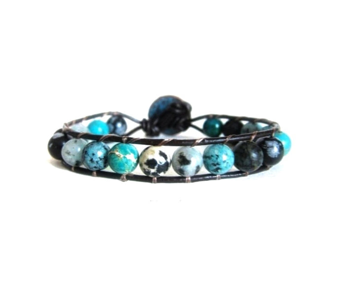 Aqua Teal Blue Jasper Mix Leather Single Wrap Bracelet