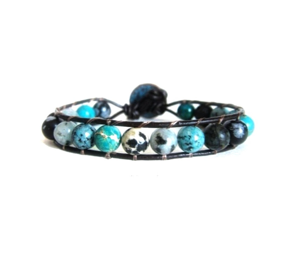 Aqua Blue Mix Jasper Single Beaded Wrap Bracelet