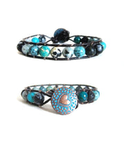 Aqua Teal Blue Jasper Mix Leather Single Wrap Bracelet