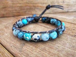 Aqua Teal Blue Jasper Mix Leather Single Wrap Bracelet