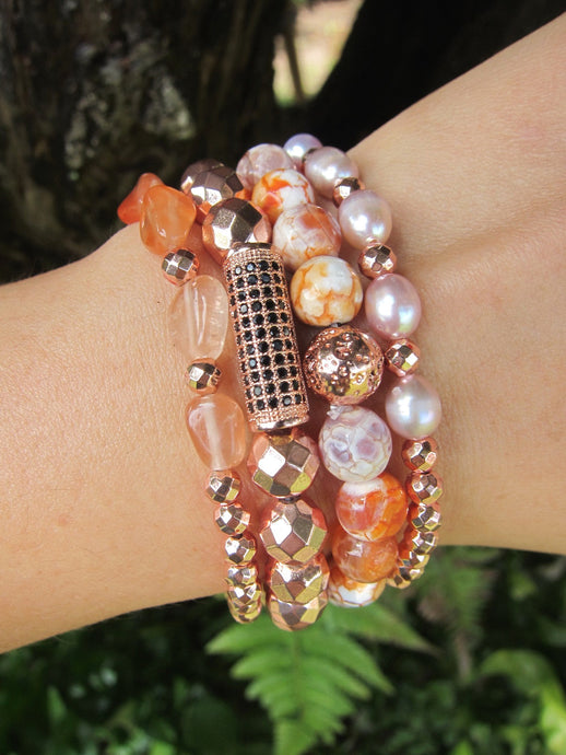 Carnelian, Orange Agate, Rose Gold Hematite Mala Stack Bracelets