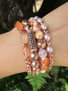 2 piece set - Natural Freshwater Pearl, Rose Gold Hematite, Carnelian Mala Bracelet