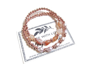 2 piece set - Natural Freshwater Pearl, Rose Gold Hematite, Carnelian Mala Bracelet