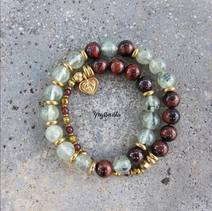 27 Bead Mala Bracelet in Prehnite, Garnet, Red Tiger w/ 24K Gold Vermeil Heart Shape Charm