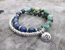 27 Bead Mala Bracelet in African Turquoise, Lapis Lazuli w/ OM Charm