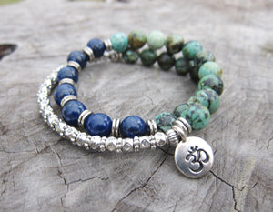 27 Bead Mala Bracelet in African Turquoise, Lapis Lazuli w/ OM Charm