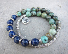 27 Bead Mala Bracelet in African Turquoise, Lapis Lazuli w/ OM Charm