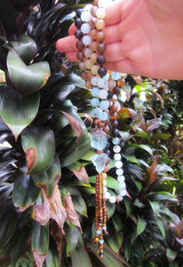 108 Beaded Mala in Matte Amazonite, Brown Line Agate, Blue Quartz Tassel Necklace