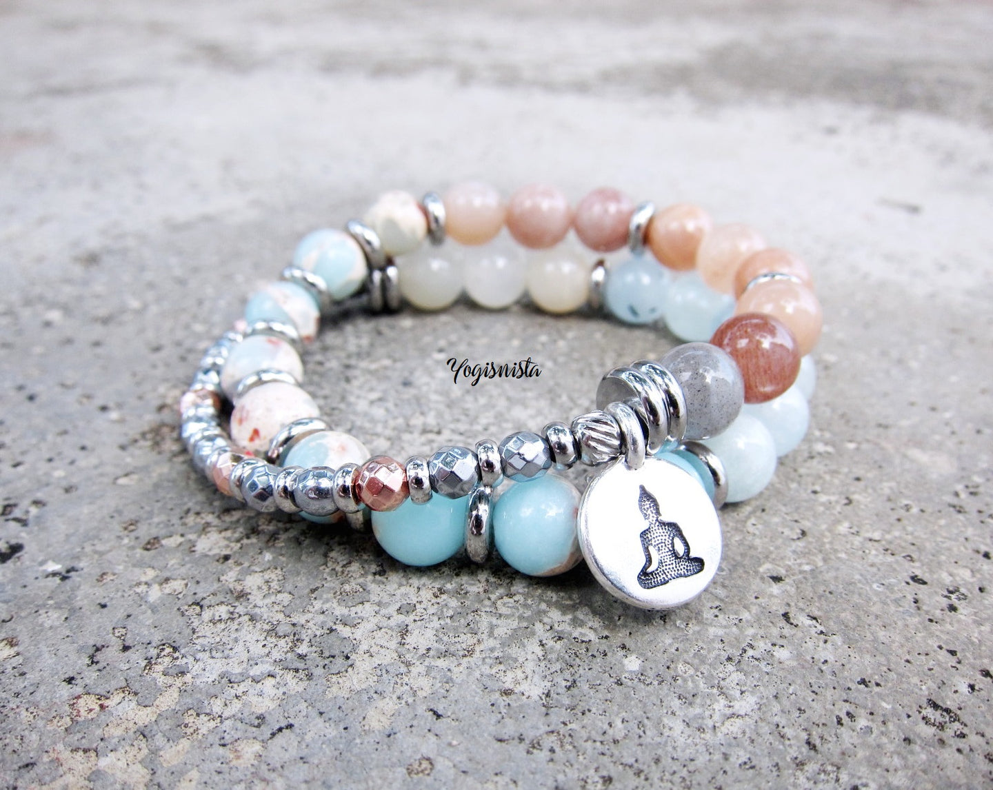 27 Bead Mala in Moonstone, Blue Morganite and Agalmatolite Jasper