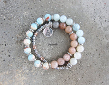 27 Bead Mala in Moonstone, Blue Morganite and Agalmatolite Jasper