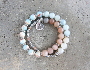 27 Bead Mala in Moonstone, Blue Morganite and Agalmatolite Jasper