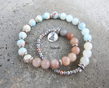 27 Bead Mala in Moonstone, Blue Morganite and Agalmatolite Jasper