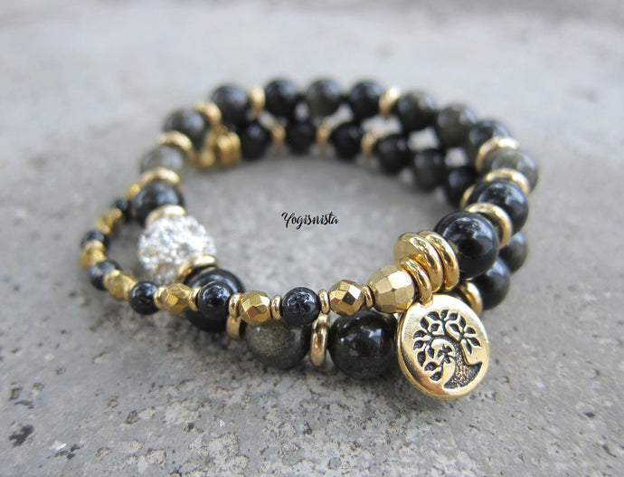 Black Gold Sheen Obsidian - Protection Mala Bracelet (avail in Necklace)